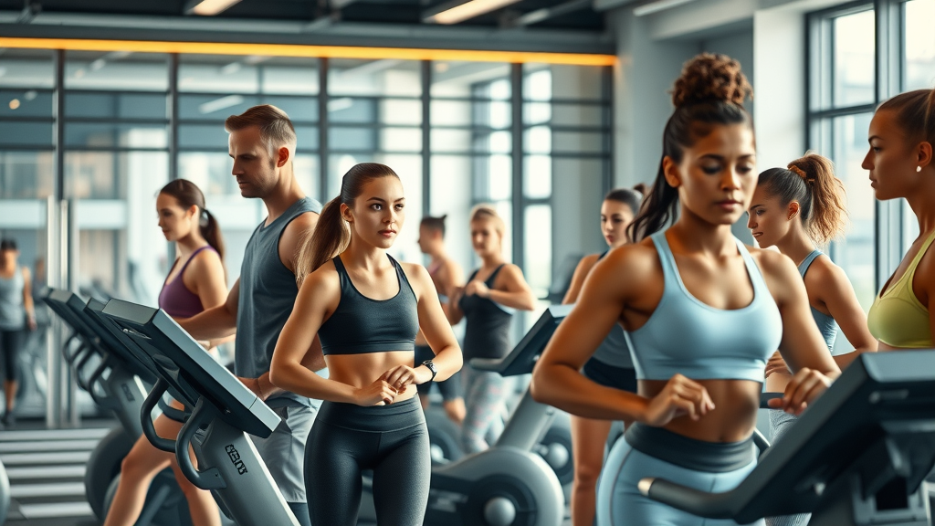 Modern fitness studio showcasing innovative fitness modalities with diverse people using EMS suits and therapy equipment